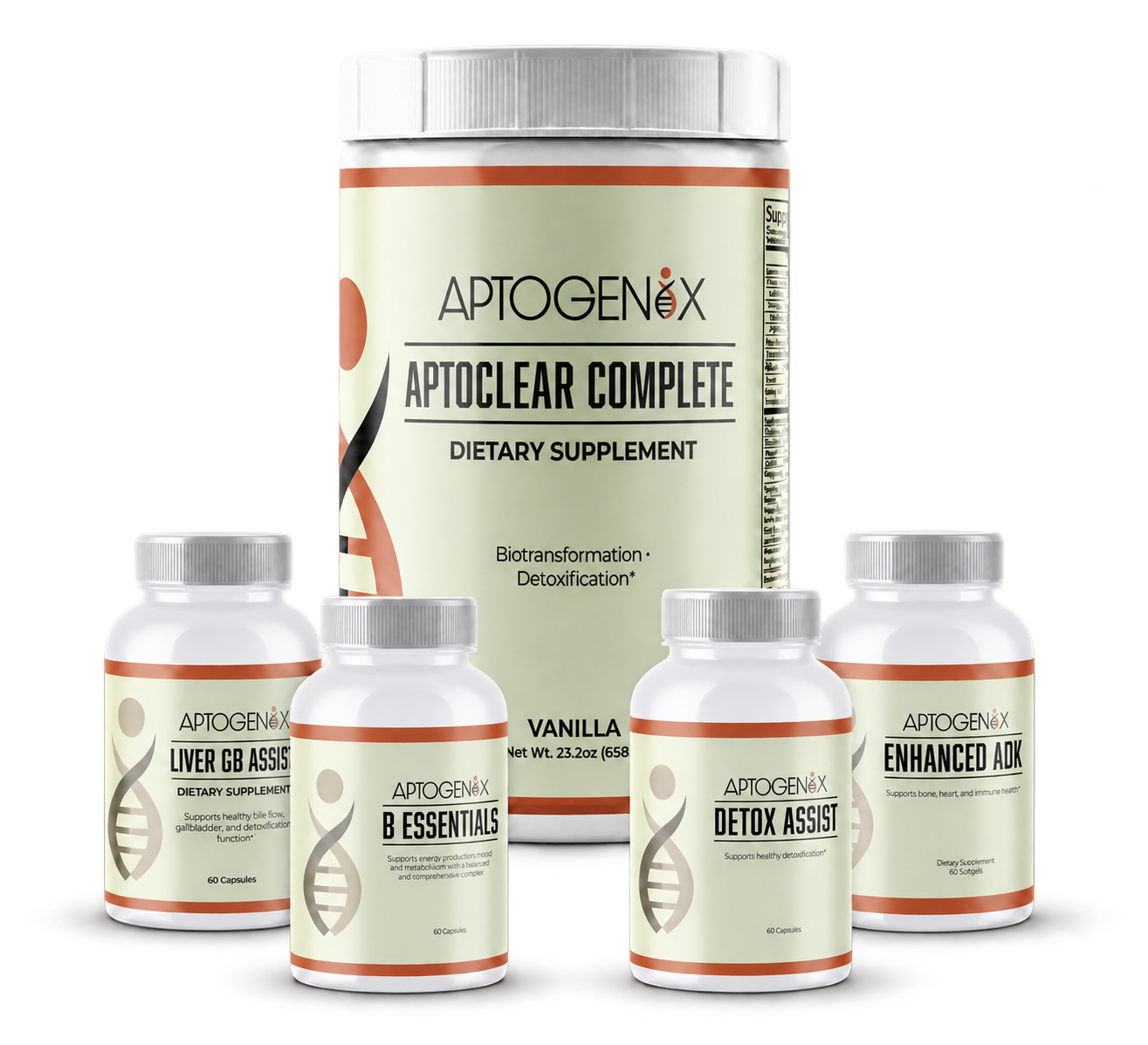 Aptogenix product lineup: AptoClear Complete, Activated Sulforaphane, B Essentials, Detox Assist, Enhanced ADK